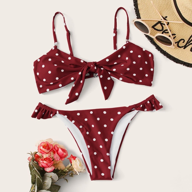 

Polka Dot Knot Front Tanga Bikini Swimsuit, Burgundy