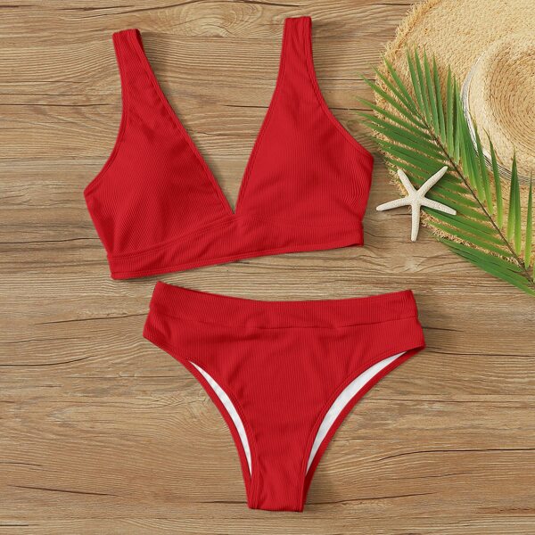 

Rib V Neck Bikini Swimsuit, Red