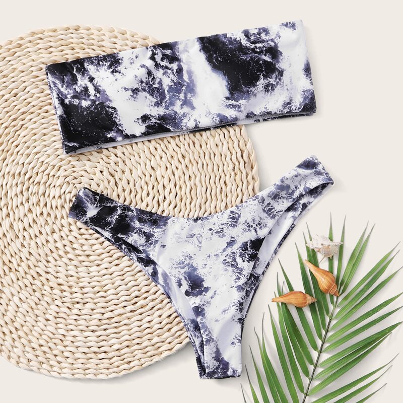 

Tie Dye Bandeau High Cut Bikini Swimsuit, Multicolor