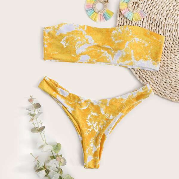 

Tie Dye Bandeau High Cut Bikini Swimsuit, Yellow