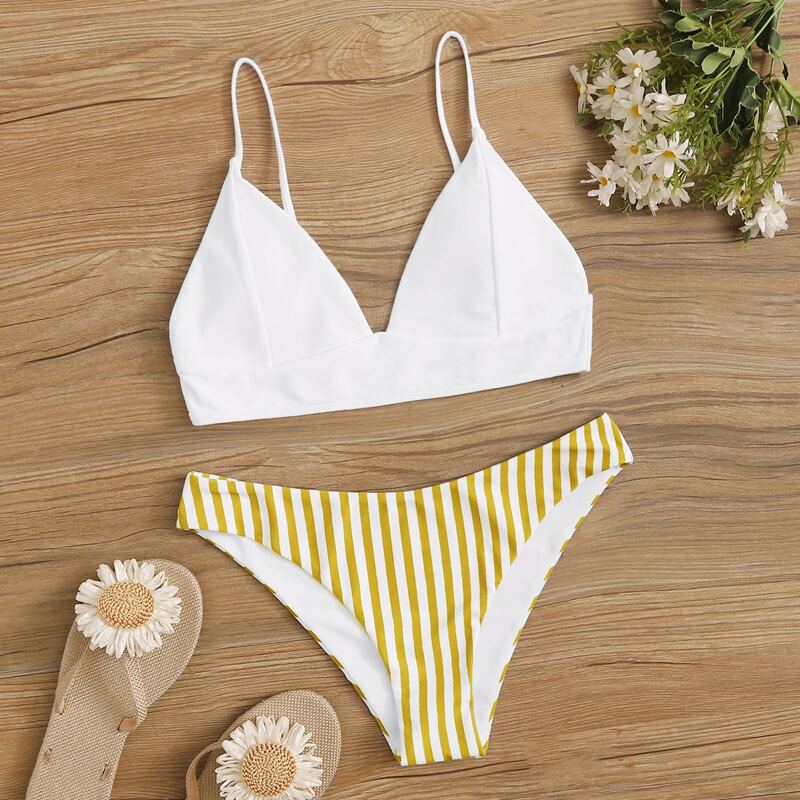 

Striped Seam Detail Bikini Swimsuit, Multicolor