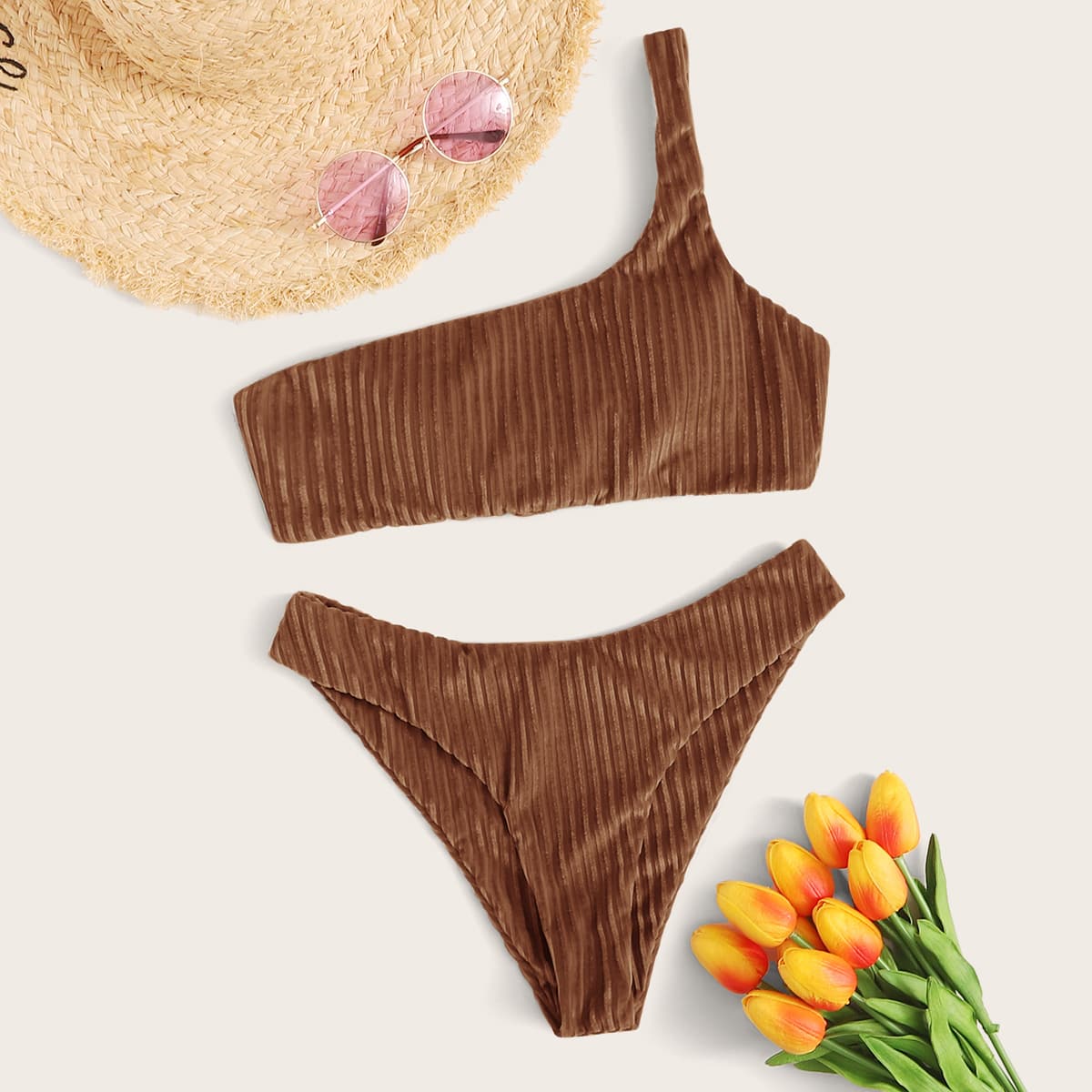 

Velvet Rib One Shoulder Bikini Swimsuit, Brown