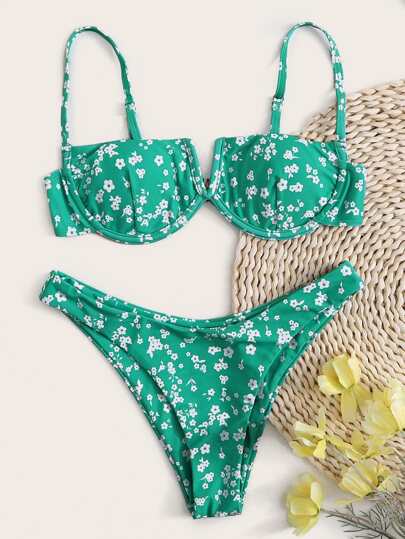 Ditsy Floral V Wired Underwire High Leg Bikini Swimsuit