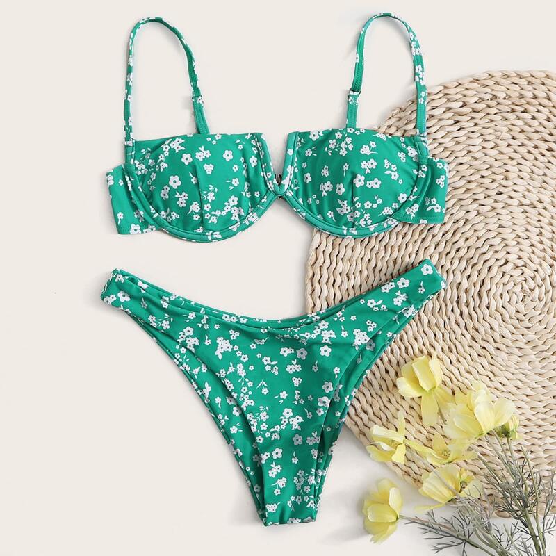 

Ditsy Floral V Wired Underwire High Leg Bikini Swimsuit, Green