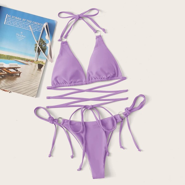 

Criss Cross Triangle Tie Side Bikini Swimsuit, Purple