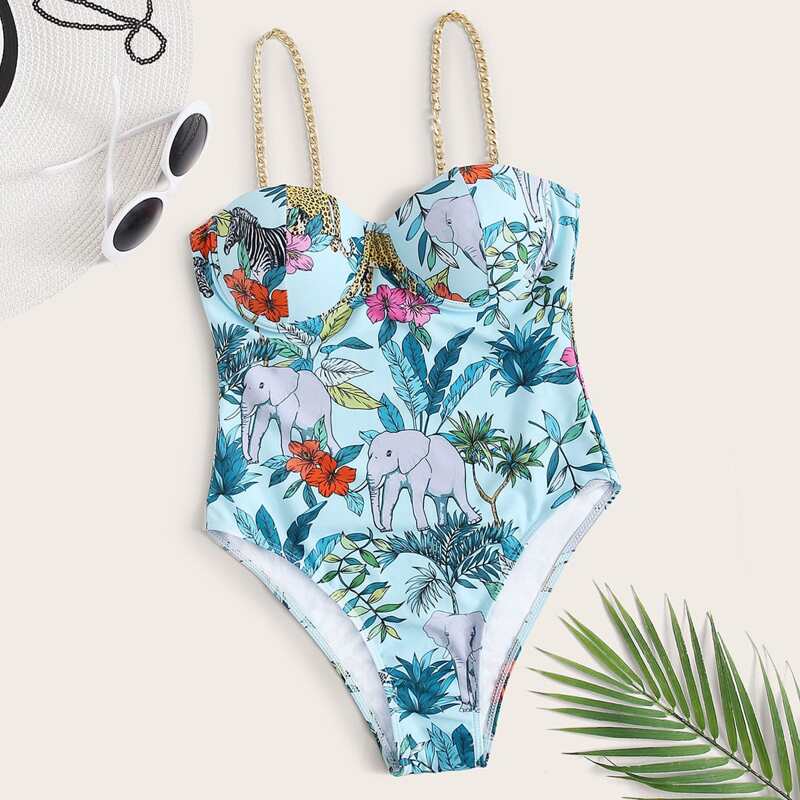 

Plant & Animal Print Underwire One Piece Swimsuit, Multicolor