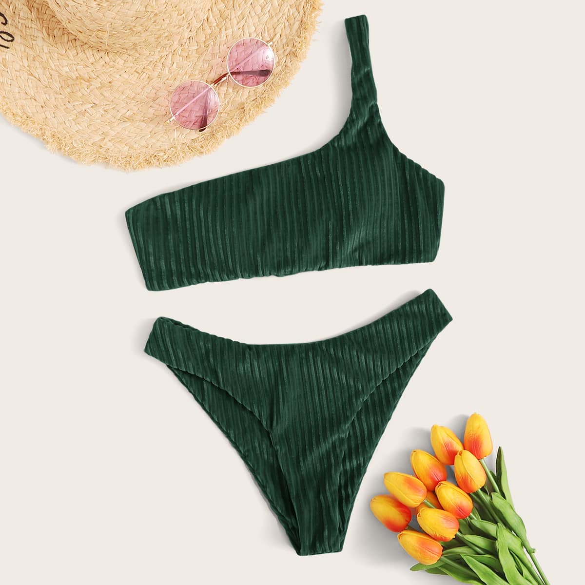 

Velvet Rib One Shoulder Bikini Swimsuit, Green