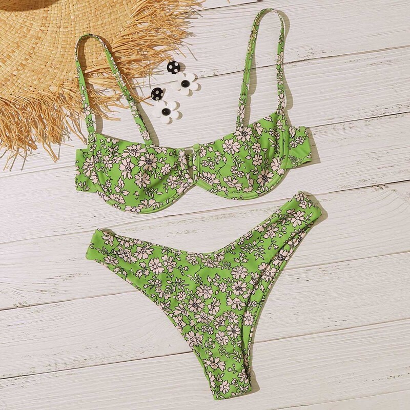 

Floral V Wired Underwire High Cut Bikini Swimsuit, Green