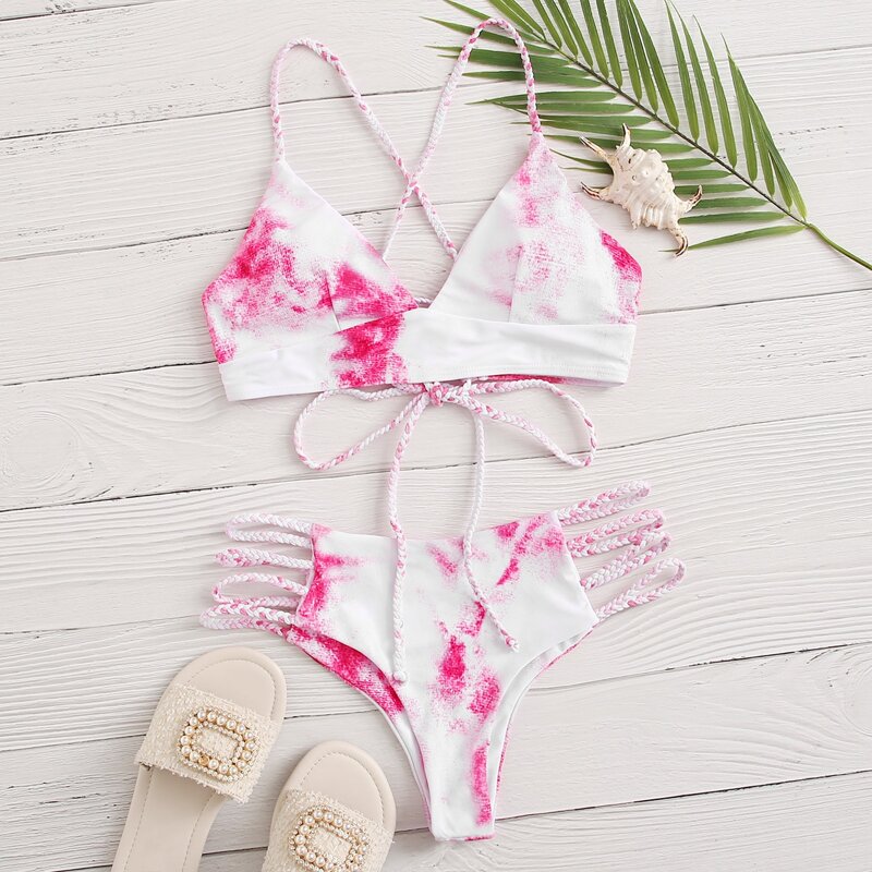 

Tie Dye Braided Strap Ladder Cut-out Bikini Swimsuit, Multicolor
