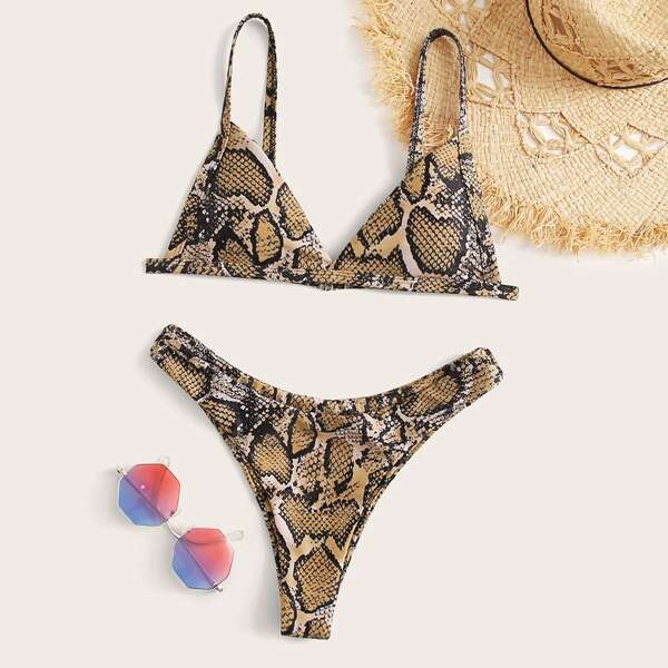 

Snakeskin Triangle High Cut Bikini Swimsuit, Multicolor