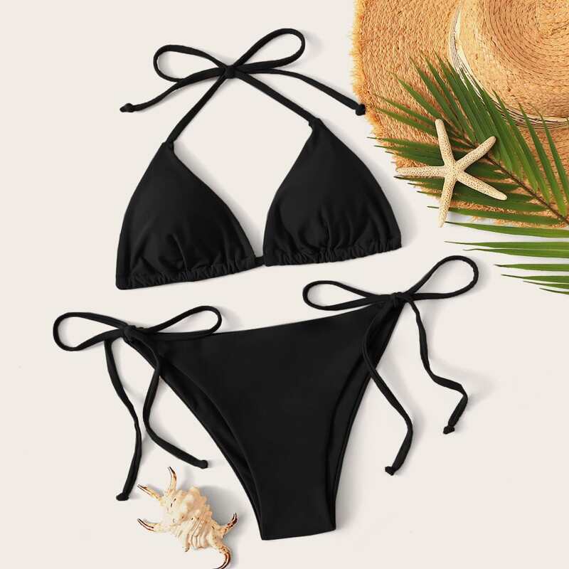 

Halter Triangle Tie Side Bikini Swimsuit, Black