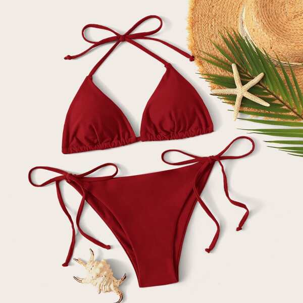 

Halter Triangle Tie Side Bikini Swimsuit, Red