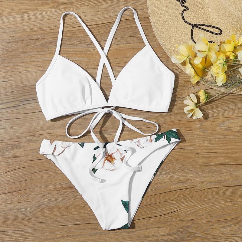 

Floral Tie Back Cheeky Bikini Swimsuit, White
