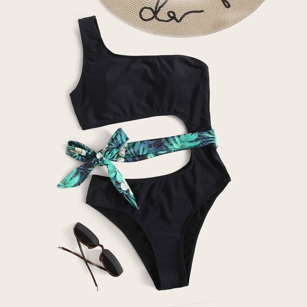 

Tropical One Shoulder One Piece Swimsuit, Black