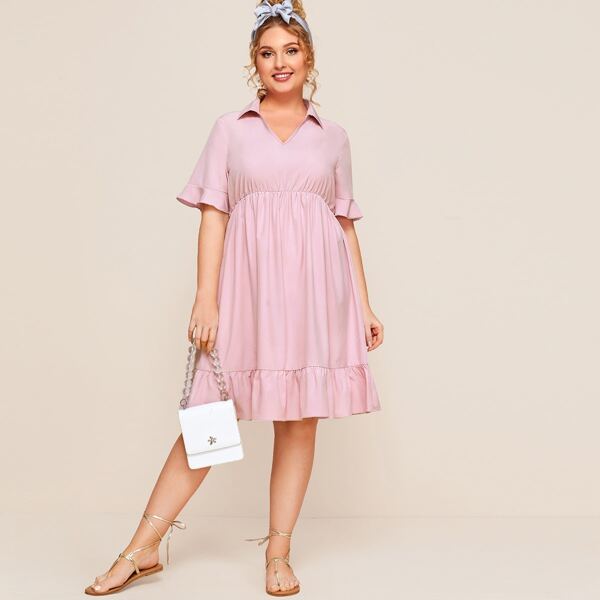 

Plus Bell Sleeve Ruffle Hem Midi Dress, Pink pastel