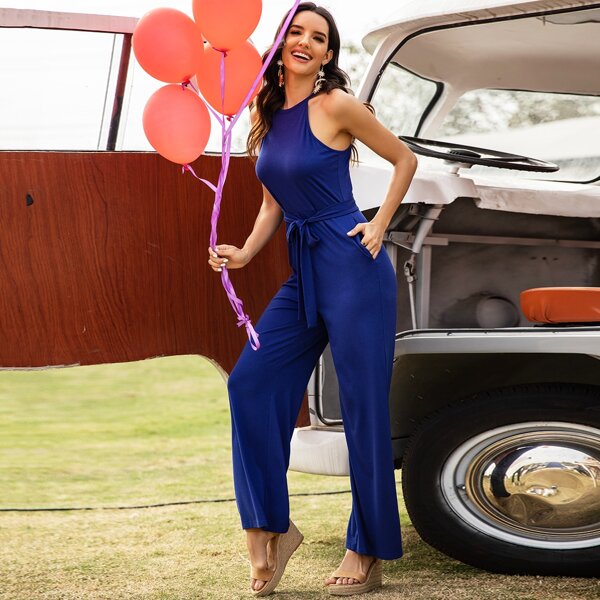 

Self Tie Wide Leg Halter Jumpsuit, Blue