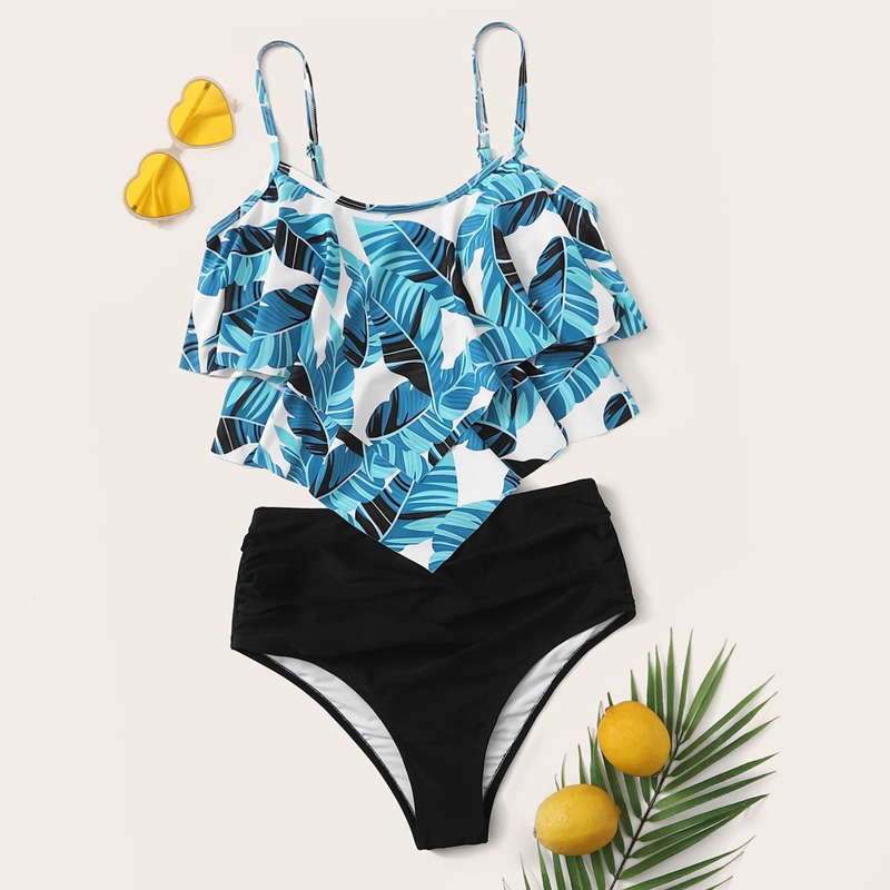 

Tropical Ruched High Waisted Bikini Swimsuit, Multicolor