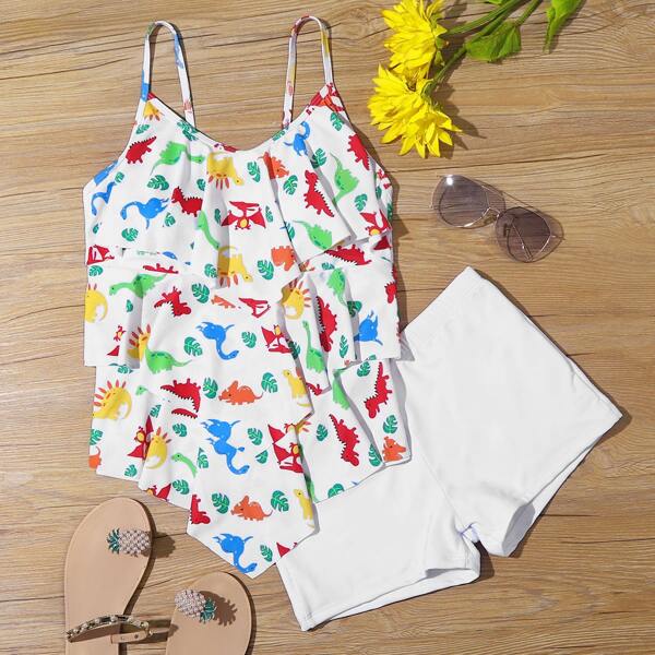 

Cartoon Dinosaur Print Tiered Layer Bikini Swimsuit, Multicolor