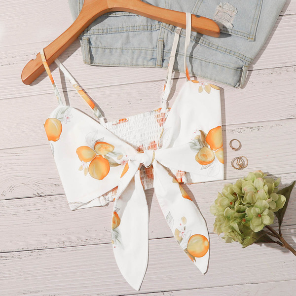 

Lemon Print Shirred Tie Front Cami Top, White