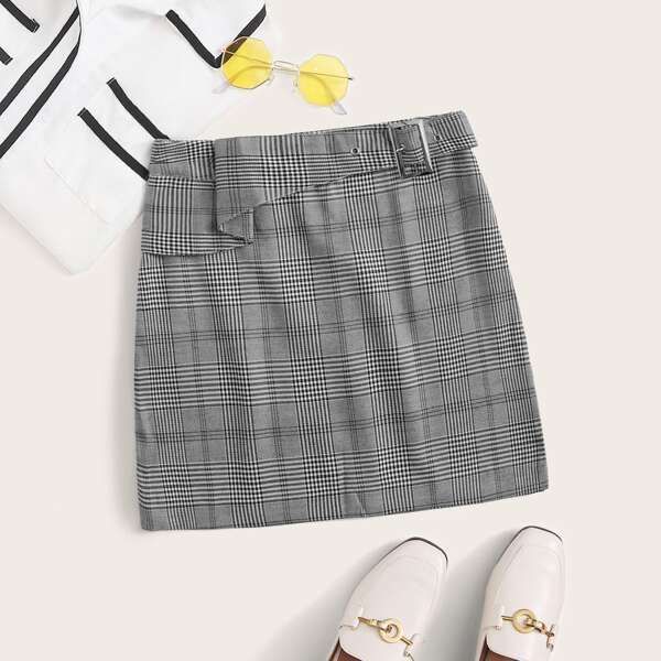 

Plaid Zip Back Belted Straight Skirt, Grey