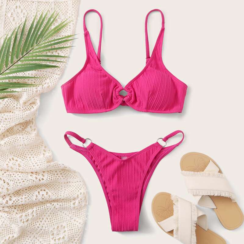Ring Linked High Leg Bikini Swimsuit, Pink bright