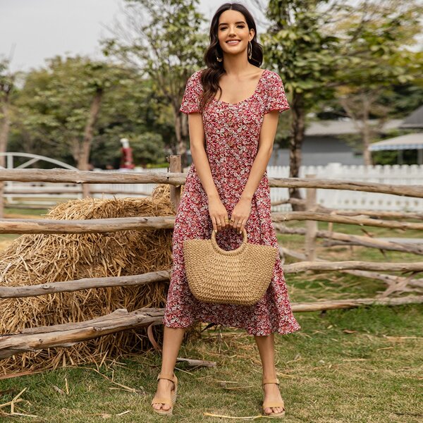 

Ditsy Floral Half Button Dress, Red