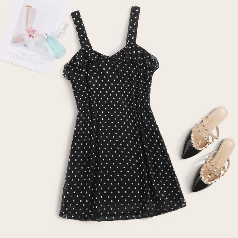 

Star Print Ruffle Trim Mini Cami Dress, Black