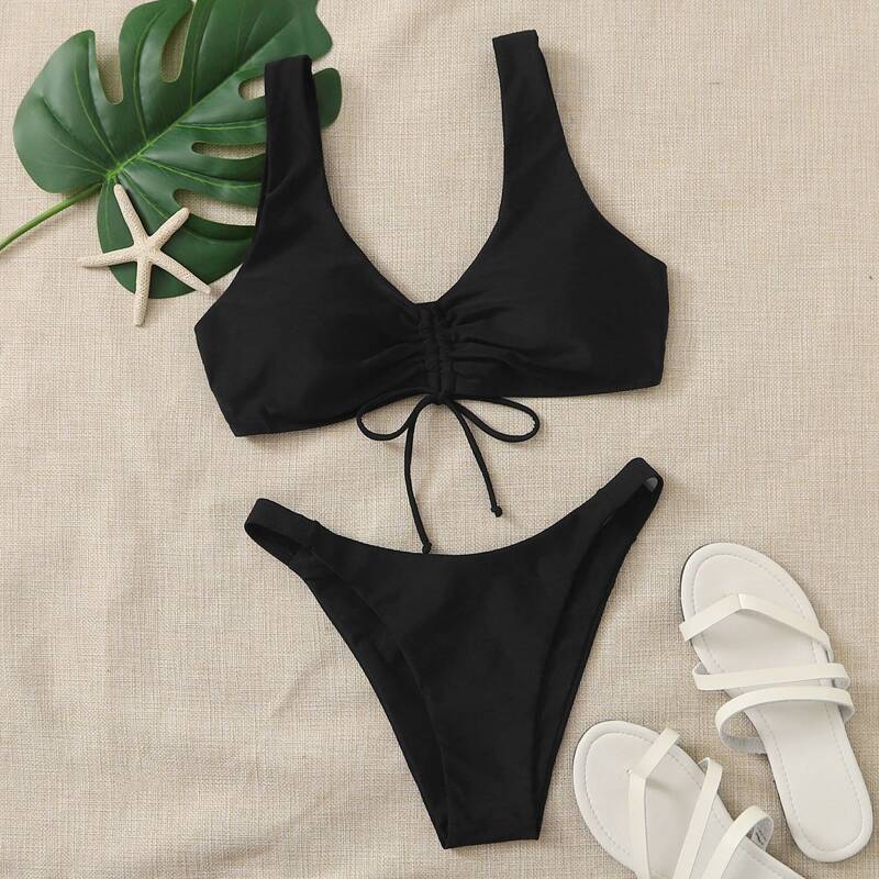 

Knot Front High Leg Bikini Swimsuit, Black