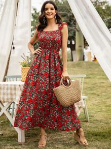 花卉圖案打褶a型洋裝 - 彩色 - 查看 1