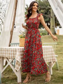 花卉圖案打褶a型洋裝 - 彩色 - 查看 4