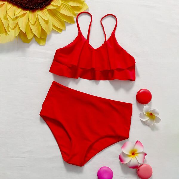 

Girls Ruffle Hem Bikini Swimsuit, Red