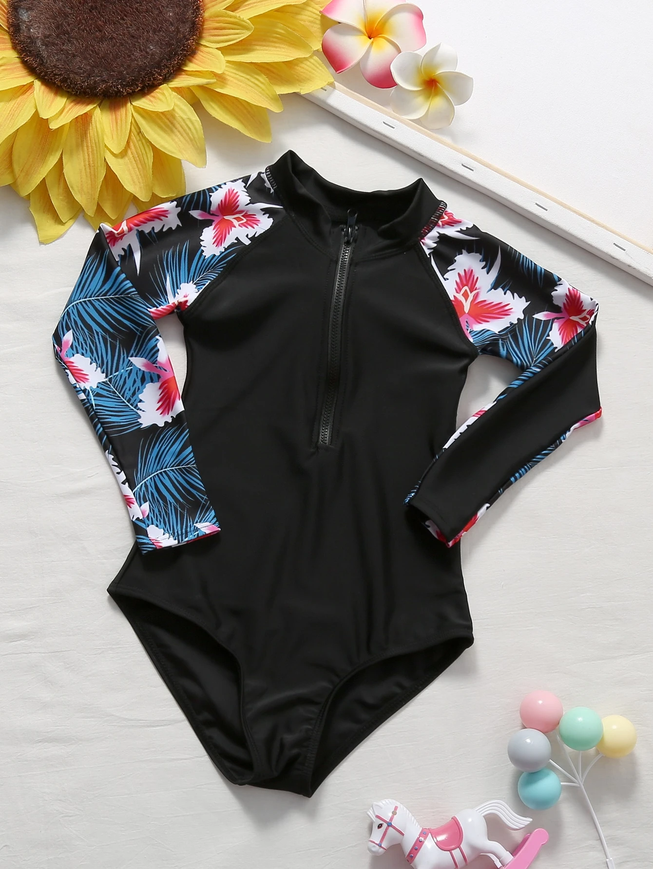 Girls Tropical Zip Up One Piece Swimsuit Shein Usa