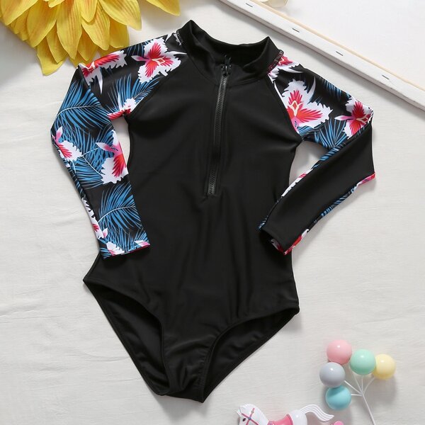 

Girls Tropical Zip-up One Piece Swimsuit, Black