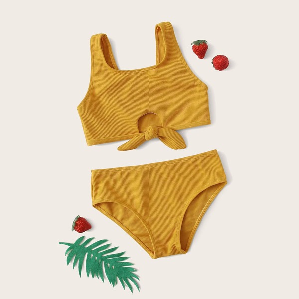 

Girls Rib Knot Front Bikini Swimsuit, Yellow