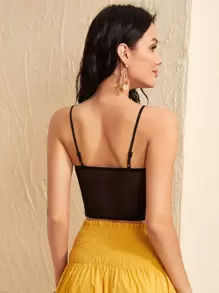 SHEIN Crisscross Front Embroidery Mesh Sheer Bustier Cami Top - Black - View 2