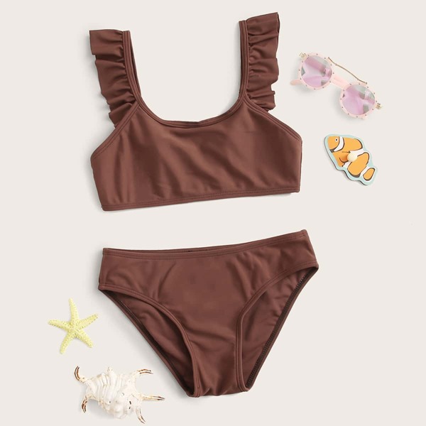 

Girls Ruffle Trim Bikini Swimsuit, Brown