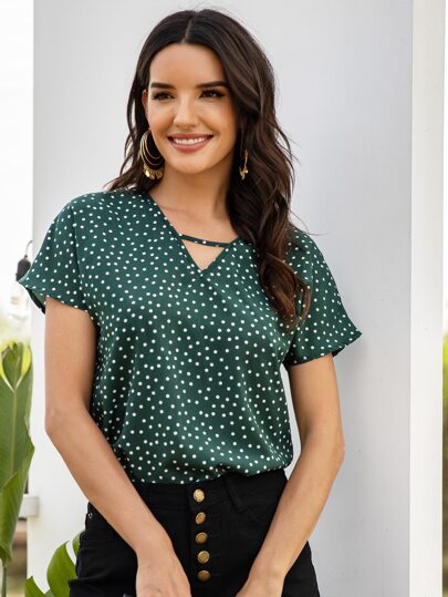 V-neck Cut Out Polka Dot Blouse