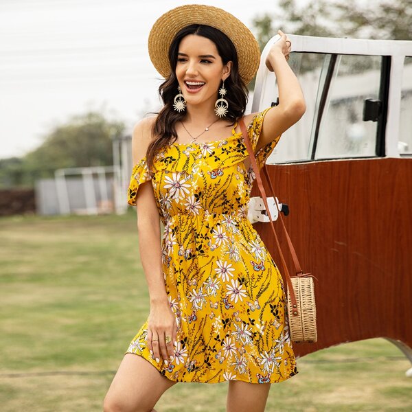 

Floral Cold Shoulder Ruffle Trim Dress, Yellow