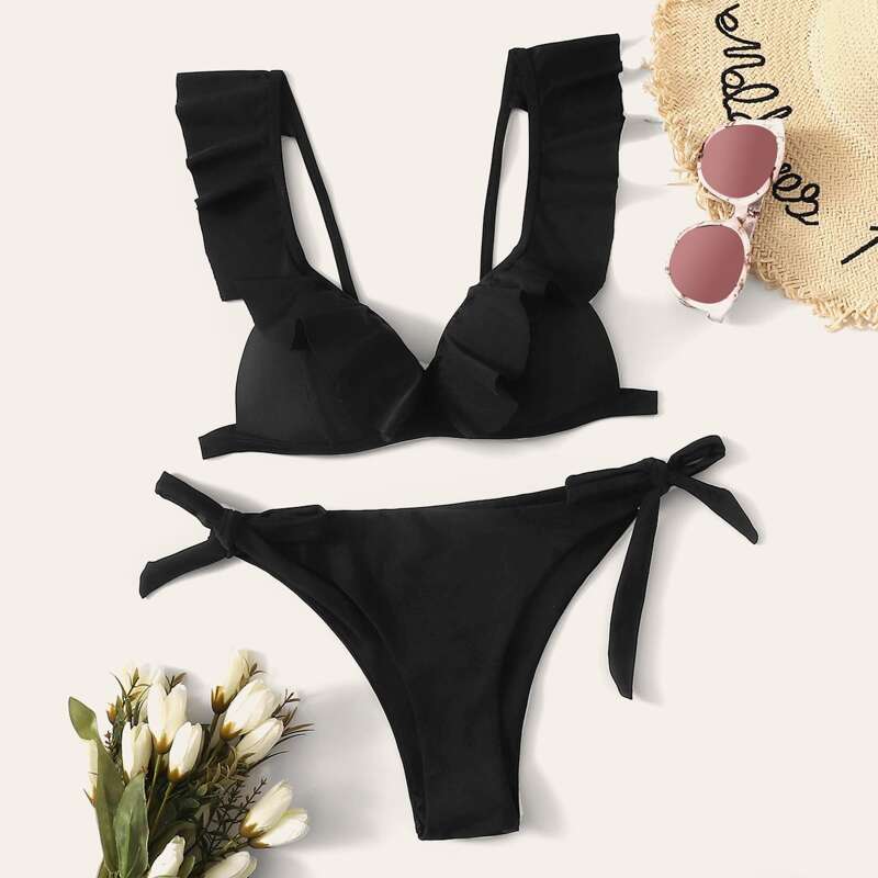 

Ruffle Trim Tie Side Bikini Swimsuit, Black