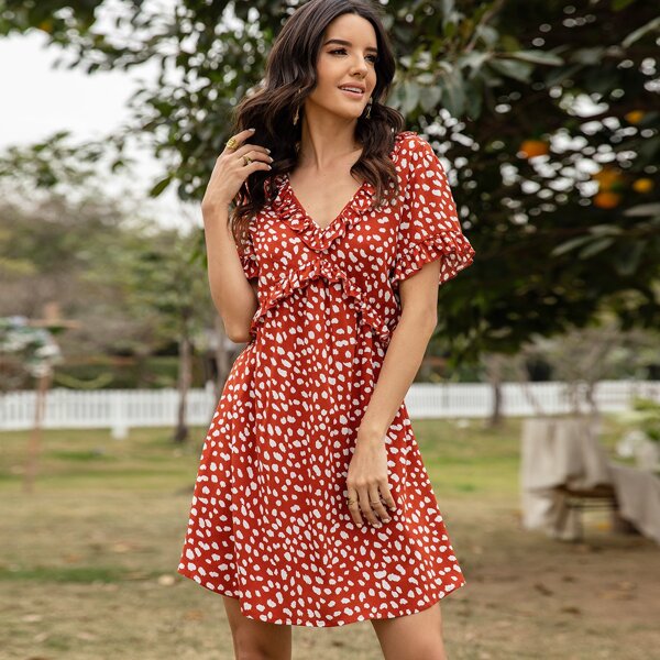 

V-neck Frill Tie Back Dalmatian Skirt Romper, Red