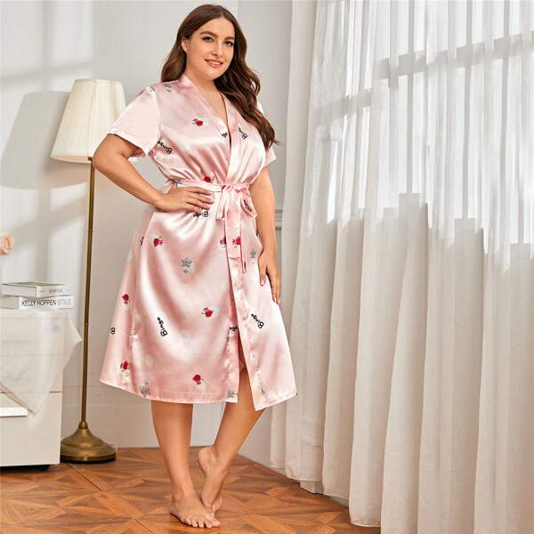 

Plus Polka Dot & Letter Graphic Belted Satin Robe, Pink