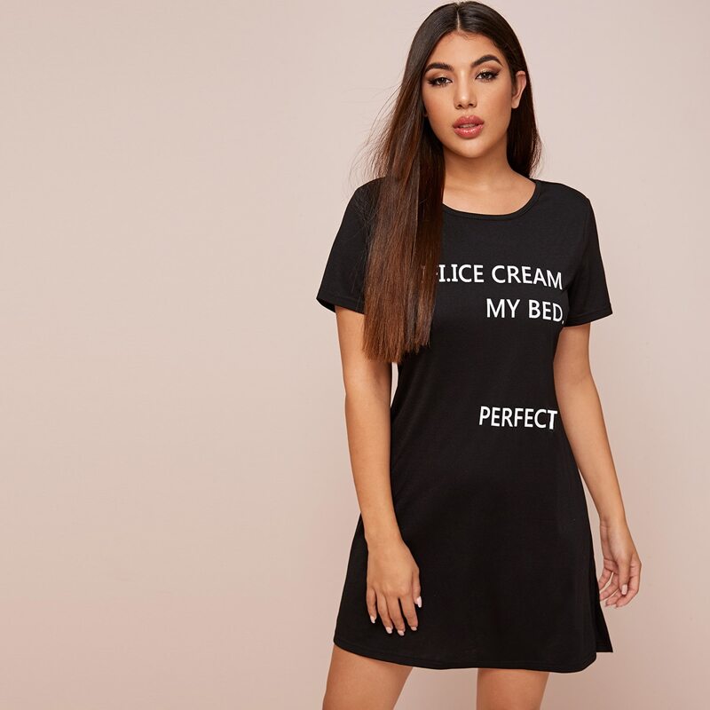 

Letter Graphic Short Sleeve Night Dress, Black