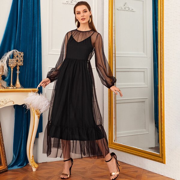 

Lantern Sleeve Ruffle Hem Dot Mesh 2 In 1 Dress, Black