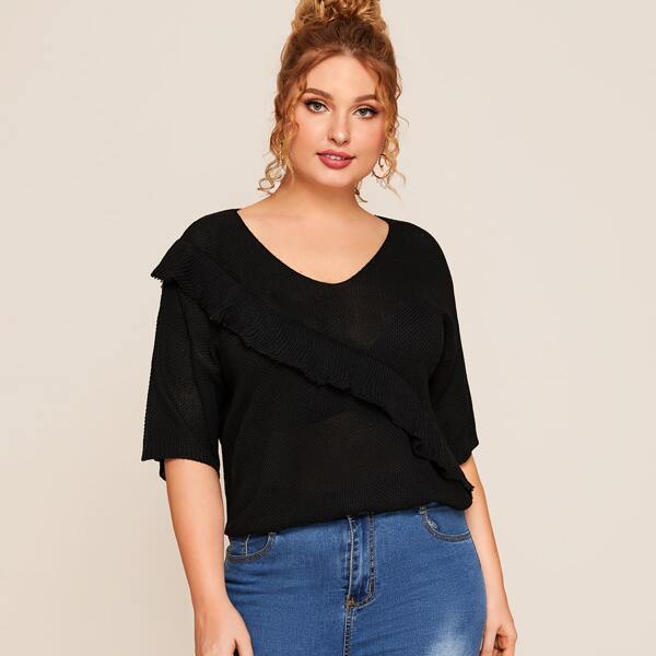

Plus Frill Trim Solid Knit Top, Black