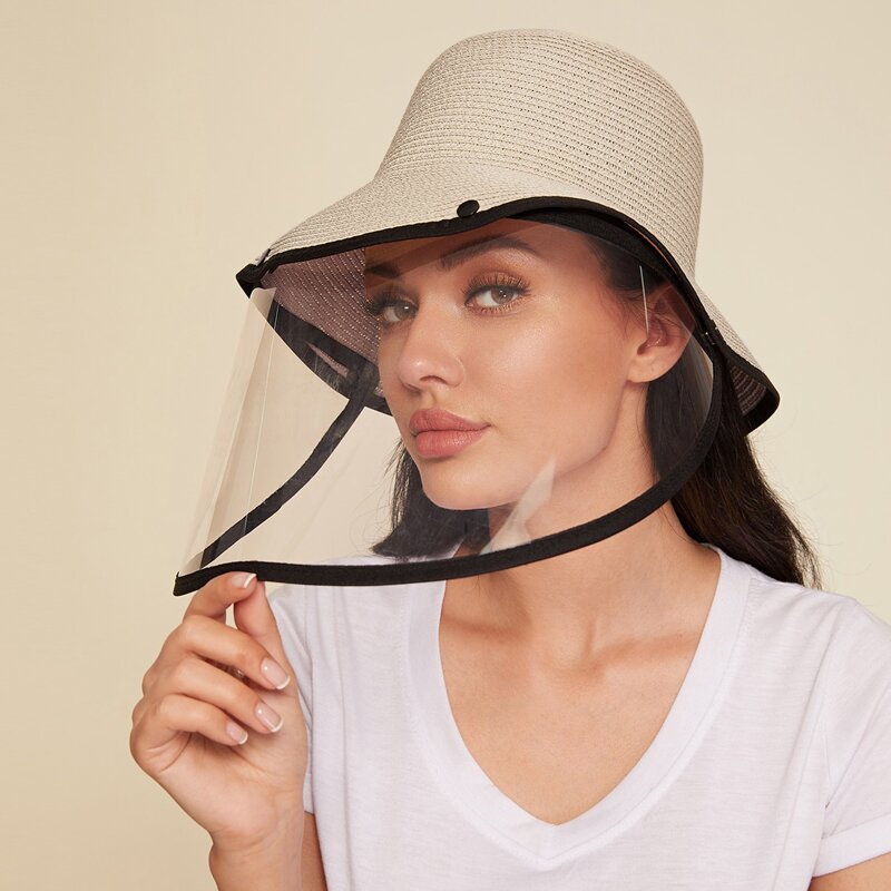 

Contrast Trim Straw Hat With Detachable Face Shield, Beige