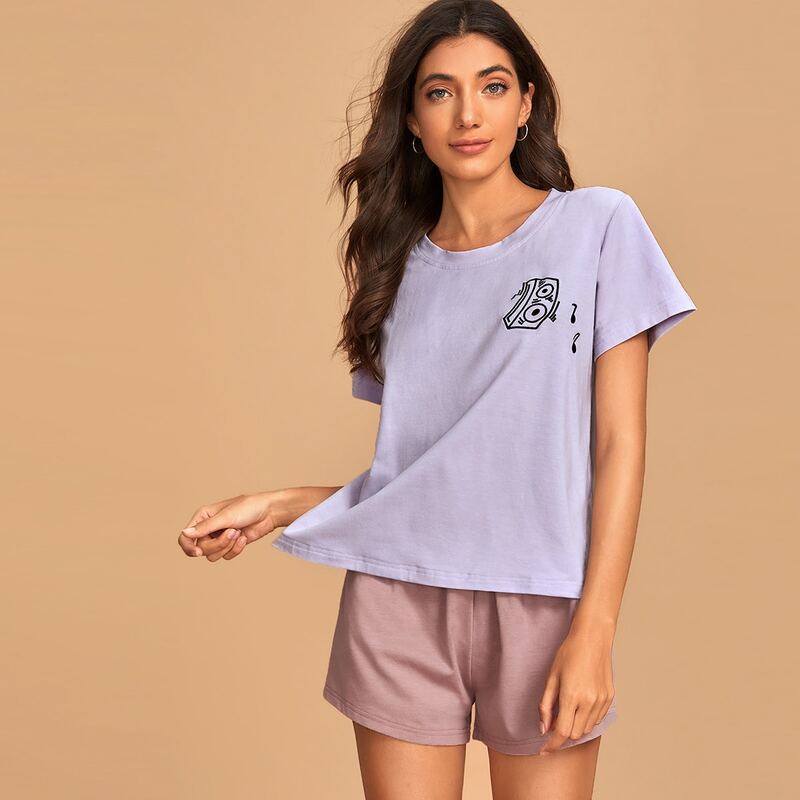 

Cartoon Graphic Round Neck Tee & Shorts PJ Set, Multicolor