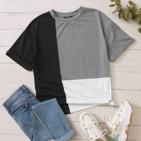 

Drop Shoulder Cuffed Sleeve Colorblock Tee, Multicolor