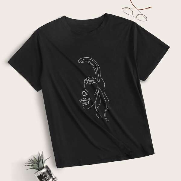 

Футболка размера плюс с коротким рукавом и графическим принтом, Чёрный