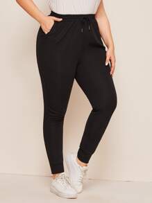 Flirla Plus Drawstring Waist Solid Trousers - Black - View 1