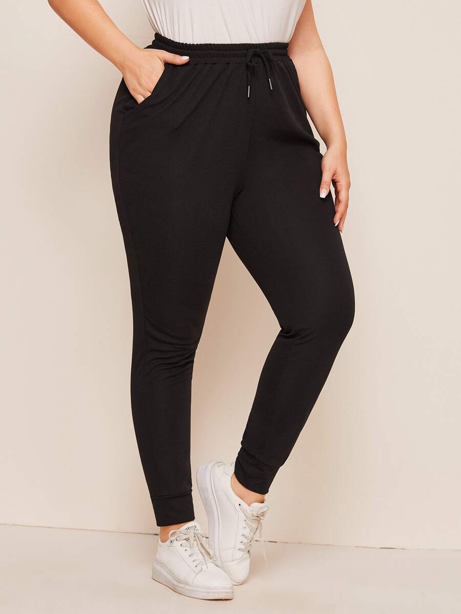 Flirla Plus Drawstring Waist Solid Trousers - Black - View 1